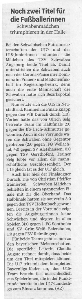 TSV Schwaben U15 und U17 Juniorinnen werden Schwäbischer Hallenmeister